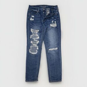 American Eagle Jeans Womens 4 Tomgirl Button Destroyed Blue Denim Measure 29x28